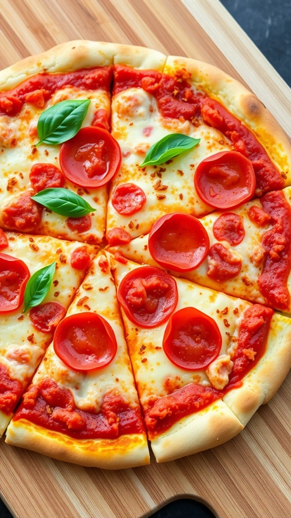 Crispy air fryer pizza with cheese and pepperoni on a cutting board.
